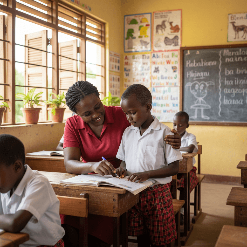 African school students smiling and engaged in learning activities in classroom at Frozen Mountain