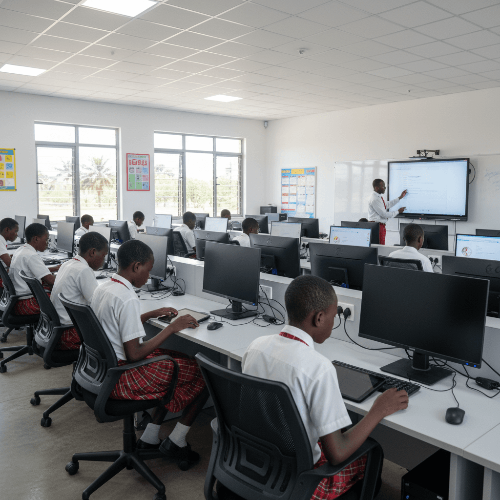 Frozen Mountain School students using computers and tablets in the modern ICT laboratory